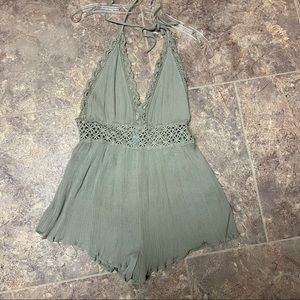 EUC Sage green crochet detail backless romper